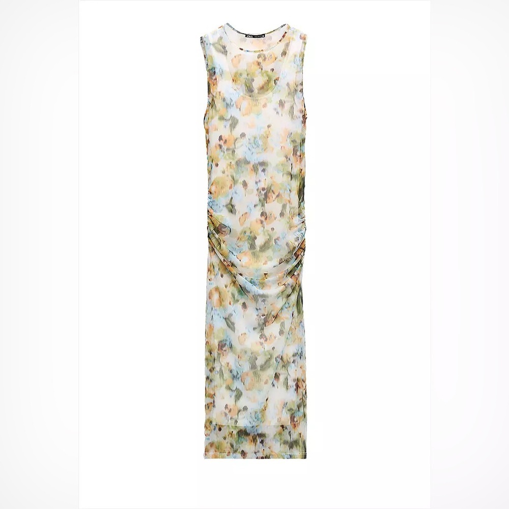 Zara Tulle Mesh Ruched Midi Abstract Colorful Watercolor Dress Small